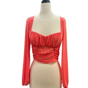 Emory Park Vibrant Coral Gathered  Sheer Blouse